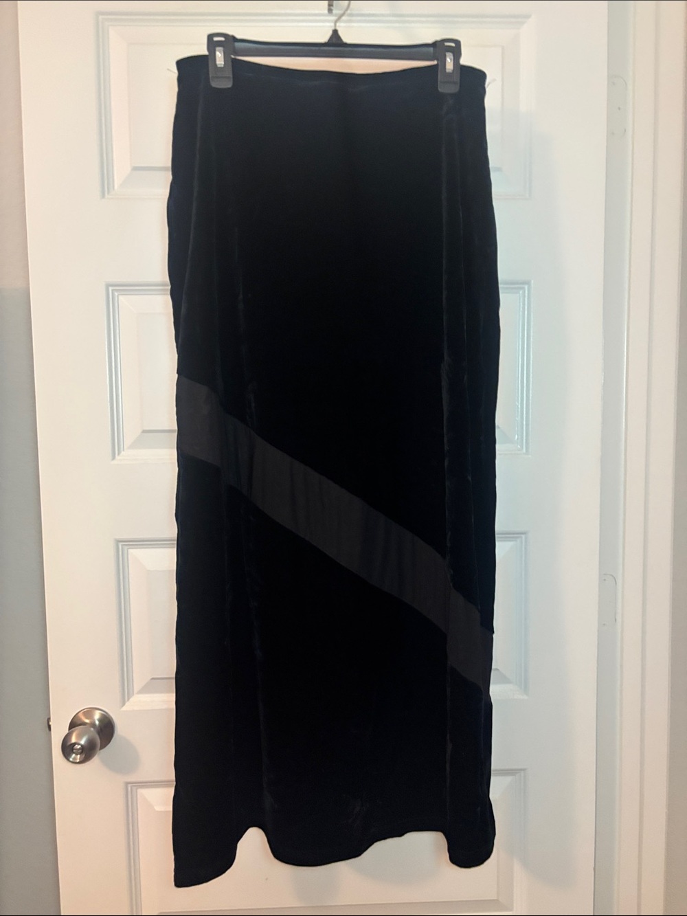 VTG Express Tricot Black Velvet Maxi Skirt w/ Sheer Diagonal Panel SZ L 90s boho